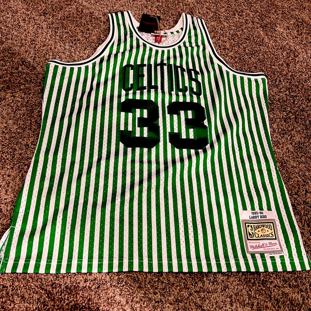 Mens Mitchell & Ness NBA Striped Swingman Jersey Boston Celtics 1985 Larry Bird